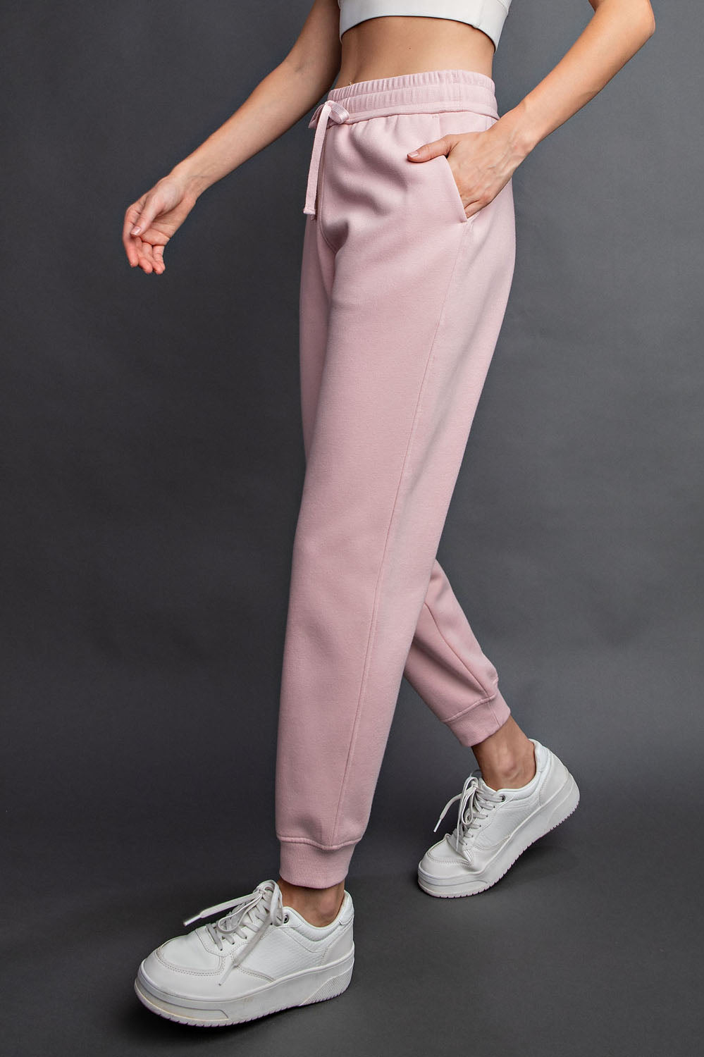 Rae Mode fleece French terry sweatpants with drawstring waist and side pockets
Heather Grey French Terry joggers showing brushed interior fabric
Plus size French Terry sweatpants for lounging or casual wear