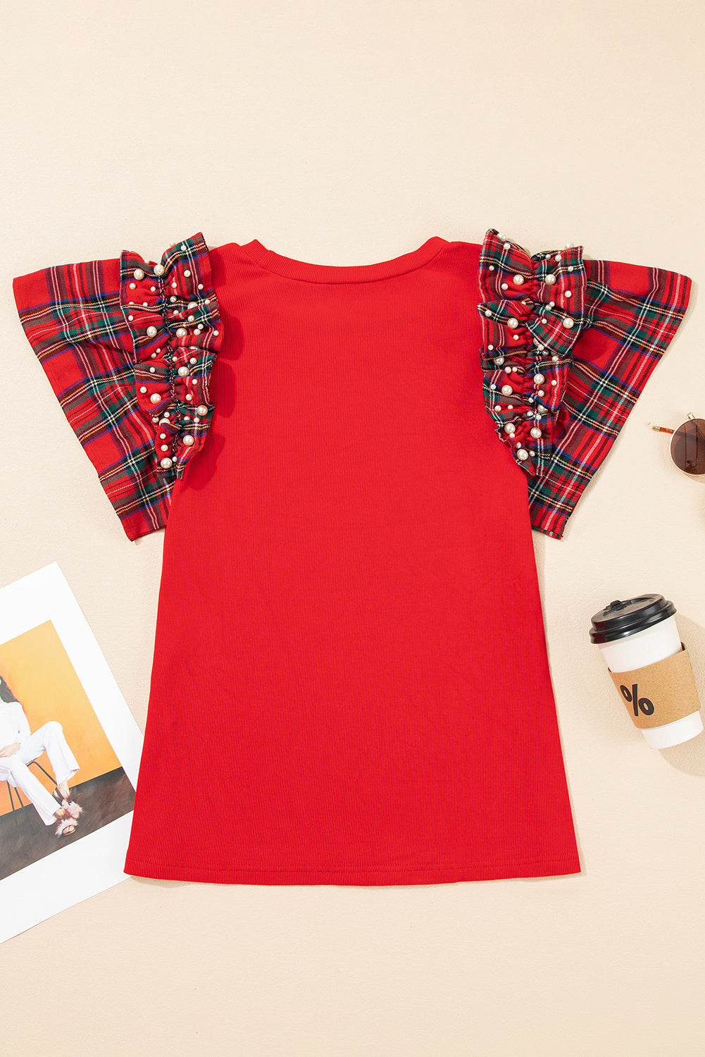 Red Plaid Ruffle Sleeve Top with Pearl Embellishments – Festive Statement Tee