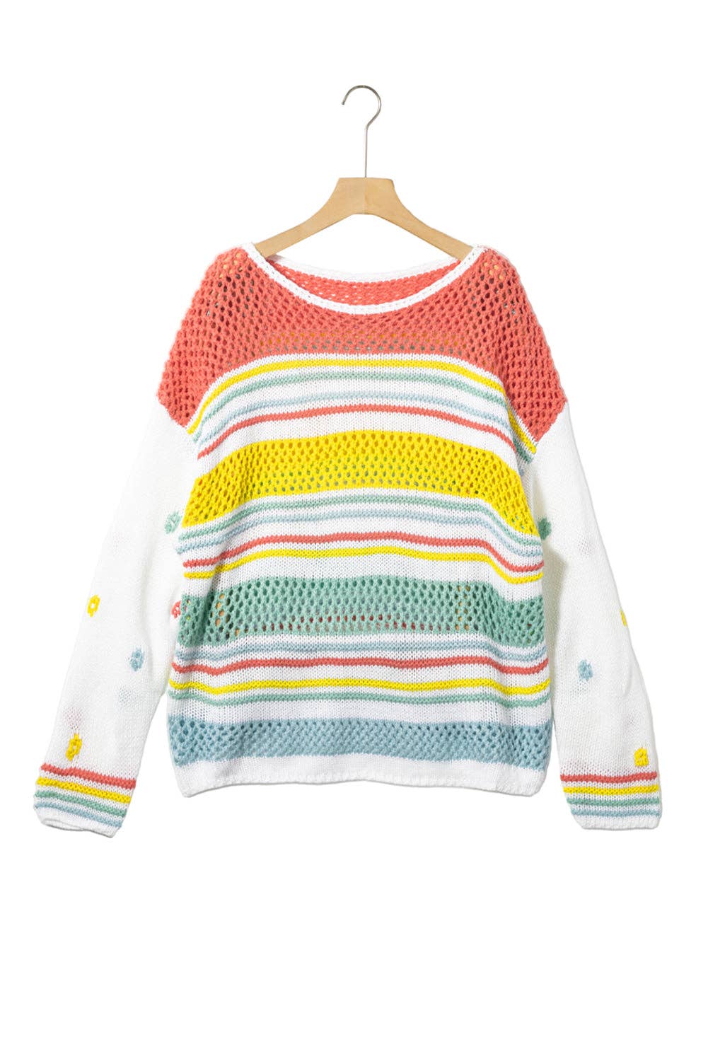 “Multicolor hollow-striped knit sweater with contrast sleeves”
“Lightweight drop-shoulder striped pullover with bright sleeves”
“Layered hollow-knit sweater featuring bold multicolor stripes – B7 Boutique”