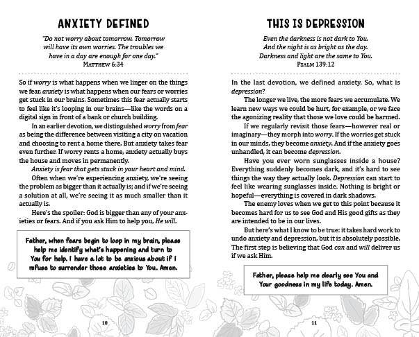 “Devotions & Prayers for Managing Anxiety & Depression (Teen Girl) book cover”
“Interior sample page of devotional with prayer and scripture excerpt”
“Side view of devotional book, 192 pages”