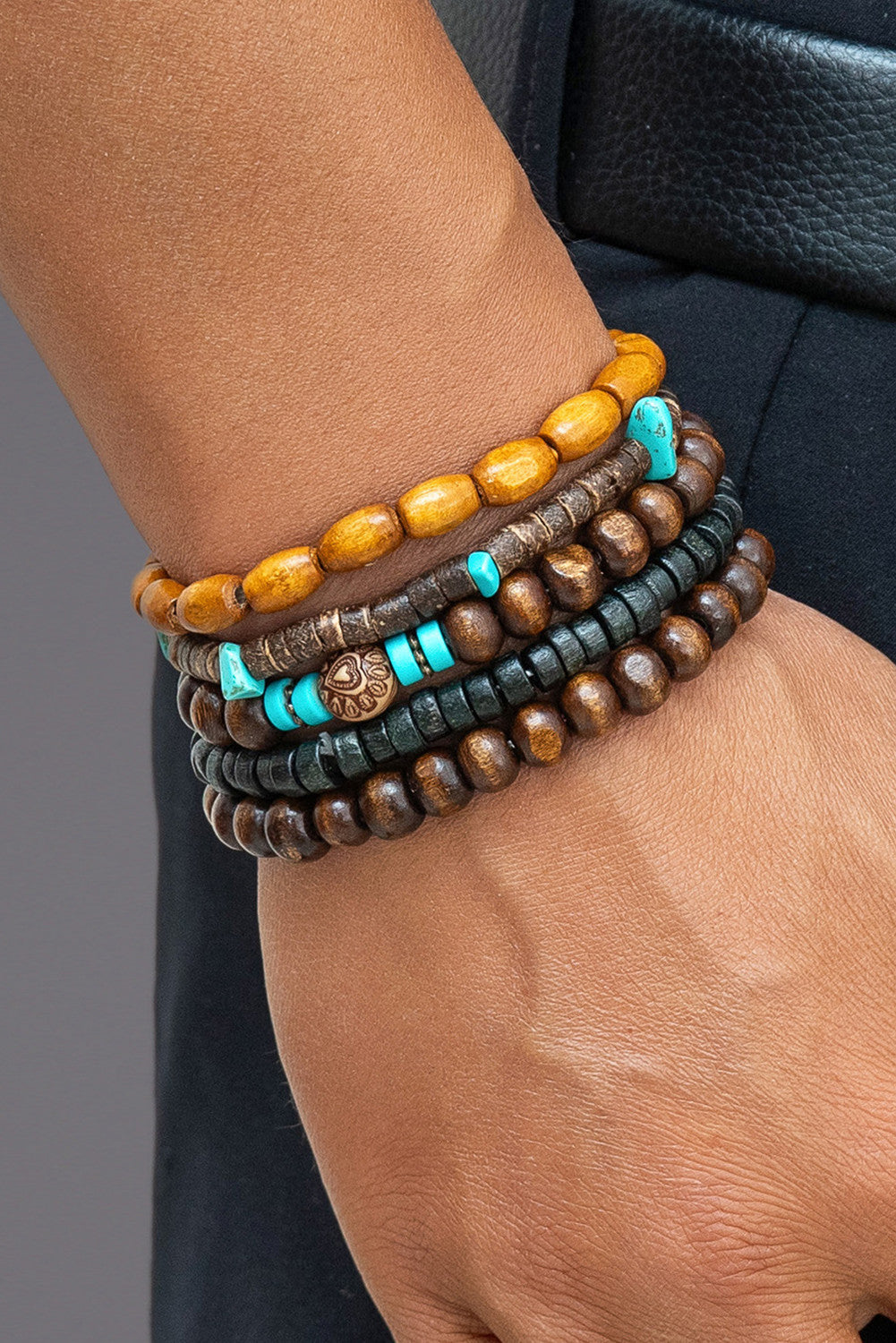 Boho Wooden Beaded Bracelet Set with Turquoise – Multi Layer Stack Stretch Bracelet
