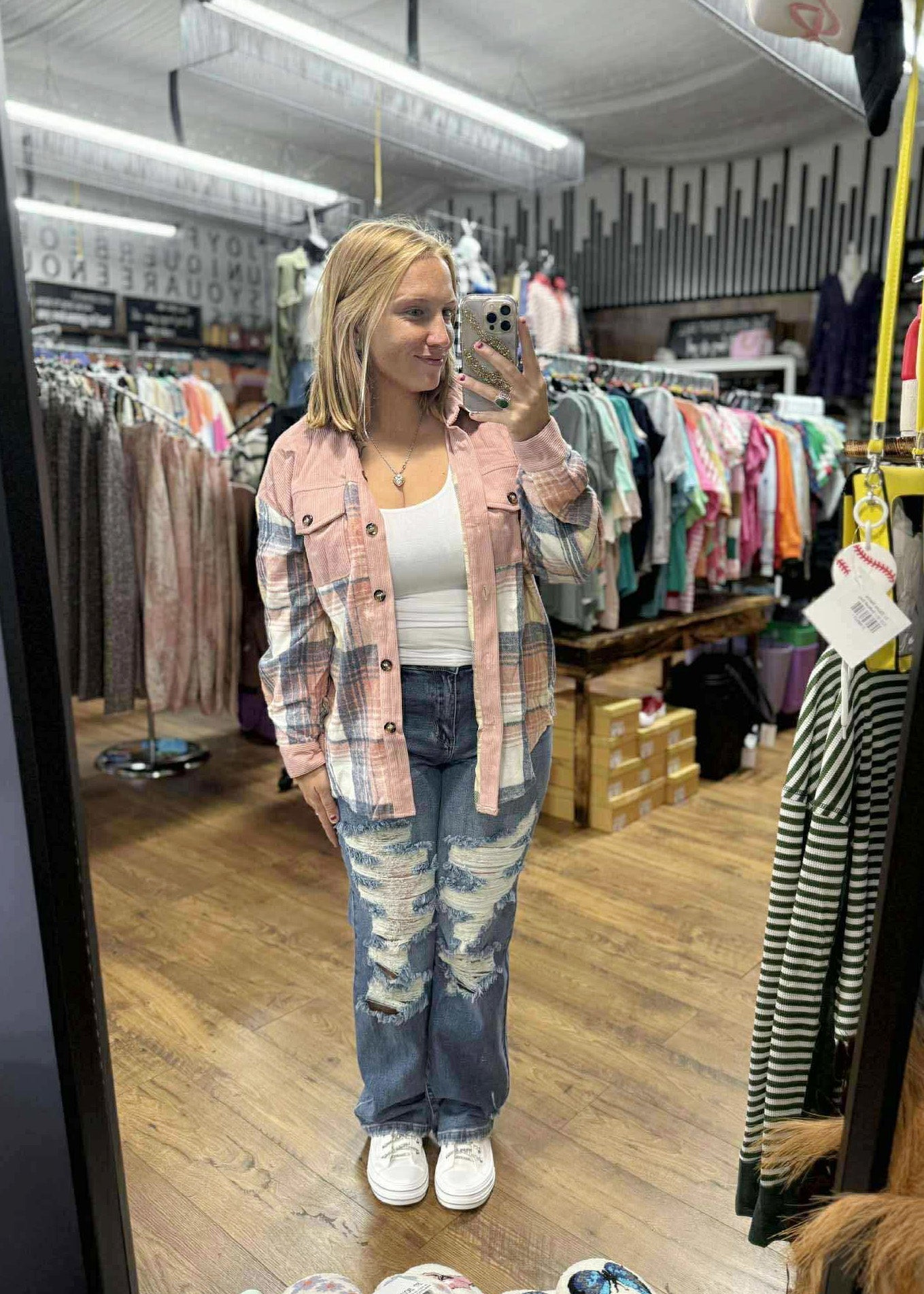 Plaid Corduroy Patchwork Shacket with Chest Pocket – Trendy Oversized Fall Jacket