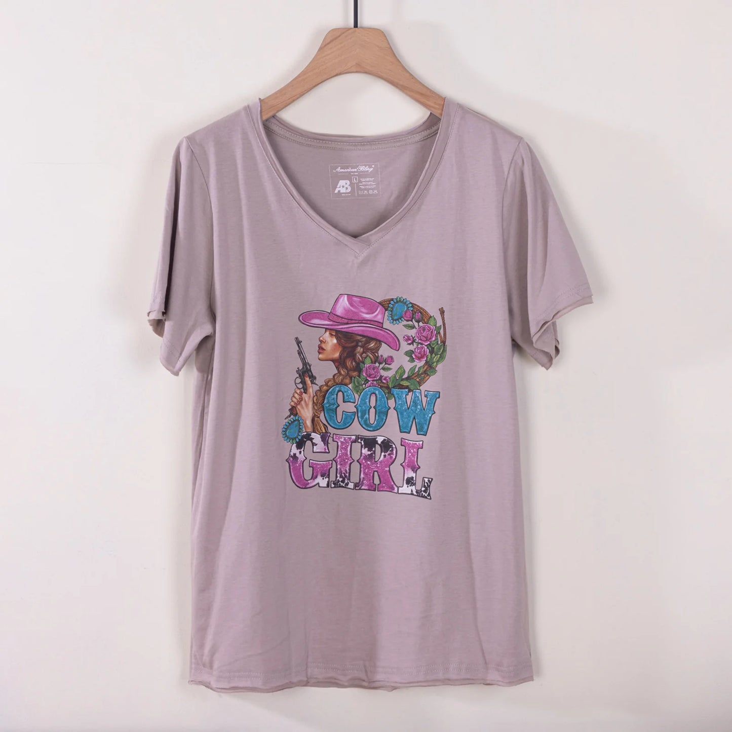 American Bling Women Graphic Printed Short Sleeve Cow Girl T-Shirt