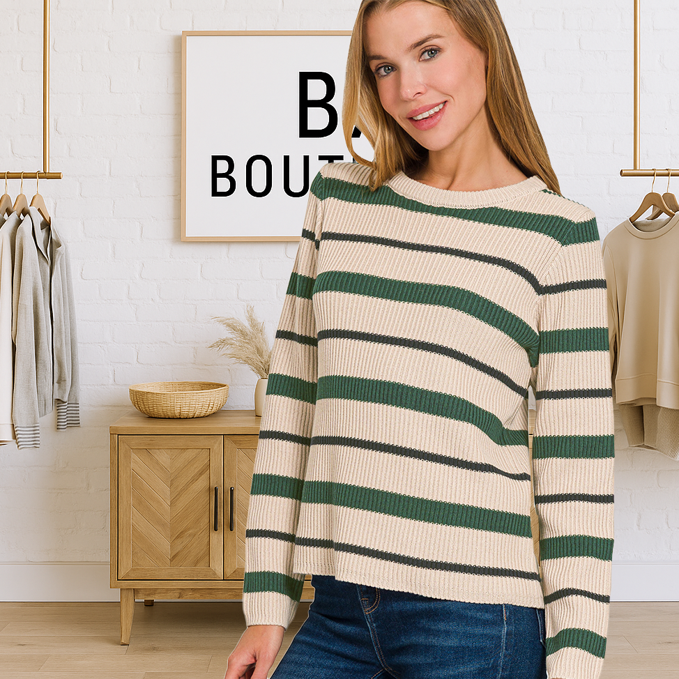 Striped Round Neck Sweater by Zenana – Cozy Casual Women’s Pullover