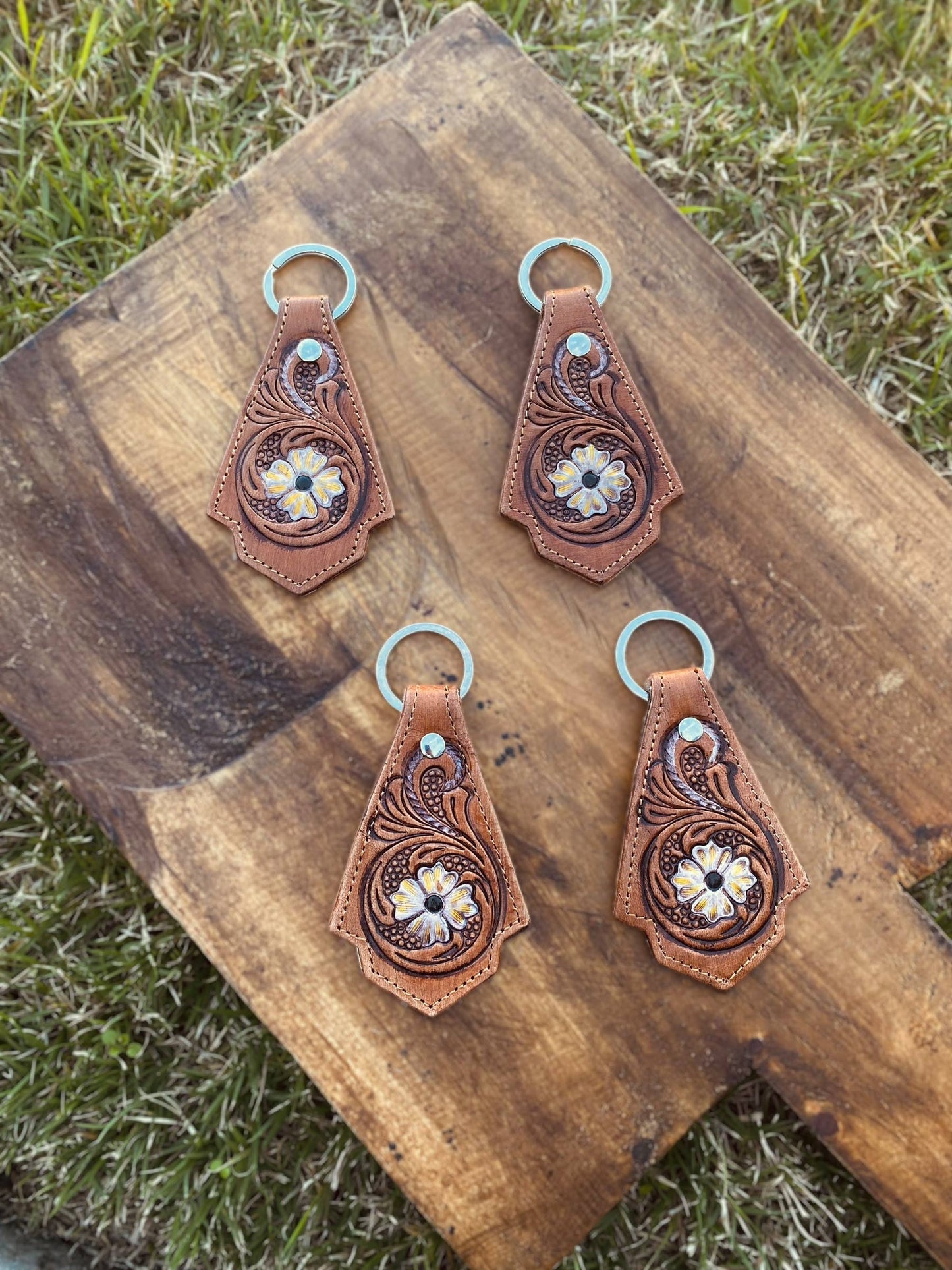 Floral Leather Keychain | Embossed Flower Charm Key Ring Accessory