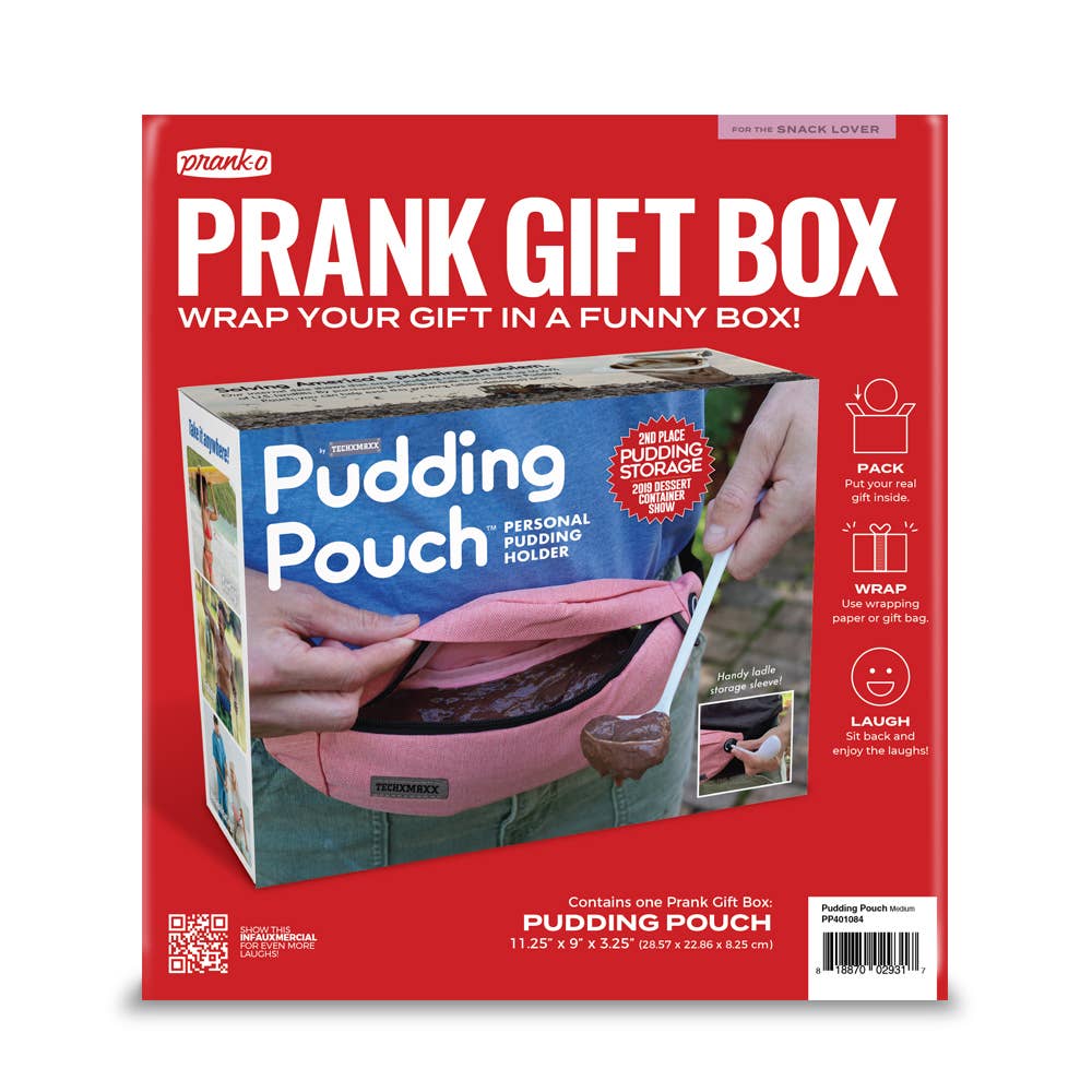 “Pudding Pouch prank gift box with pudding pouch fake product art”
“Empty prank-O box assembled, dimensions 11.25 x 9 x 3.25”
“Close-up of Pudding Pouch prank box packaging design”
Details:
Brand: Prank-O
Prank-O
+1
Type: Gag / novelty empty gift box — cover box only, no real product inside
Pran