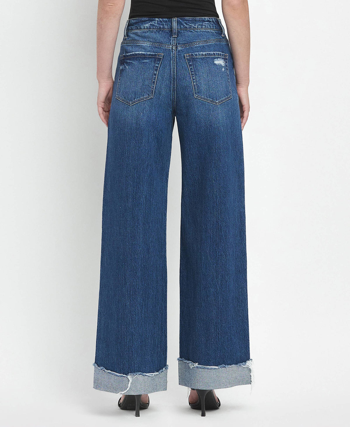 Vervet Super High Rise Baggy Wide Leg Jeans | Dark Wash Cuffed Denim T6614