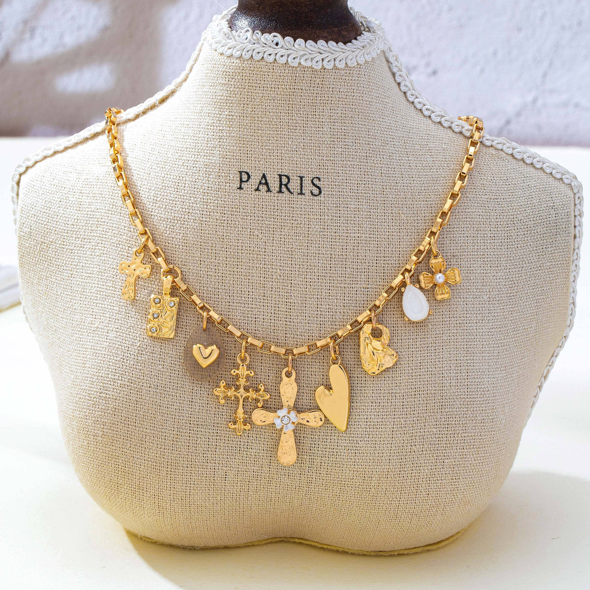 Faith & Fancy Charm Necklace | Vintage Gold Cross & Heart Necklace