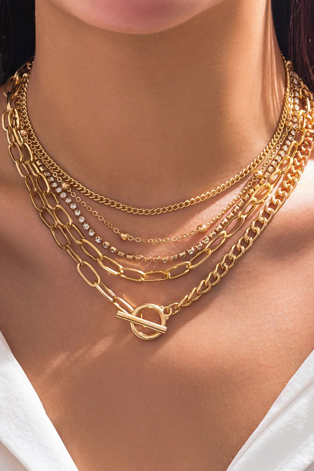Gold 5‑Piece Layered Rhinestone-Plated Collarbone Necklace Set – Mix & Match Glam 🌟