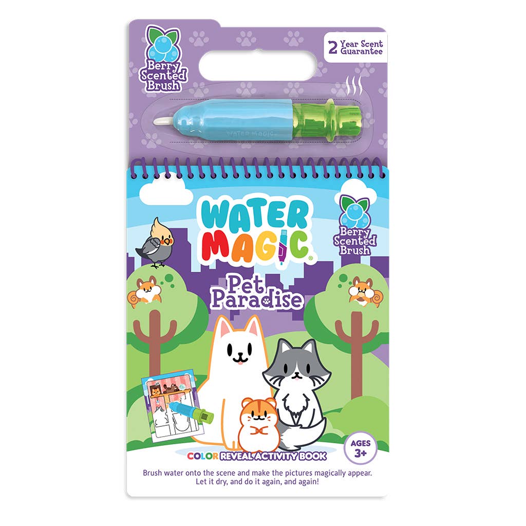 “Water Magic Pet Paradise activity kit with blueberry scented brush”
“Mess-free water art set revealing pet scenes”
“Reusable kids activity book with scented brush – Pet Paradise”