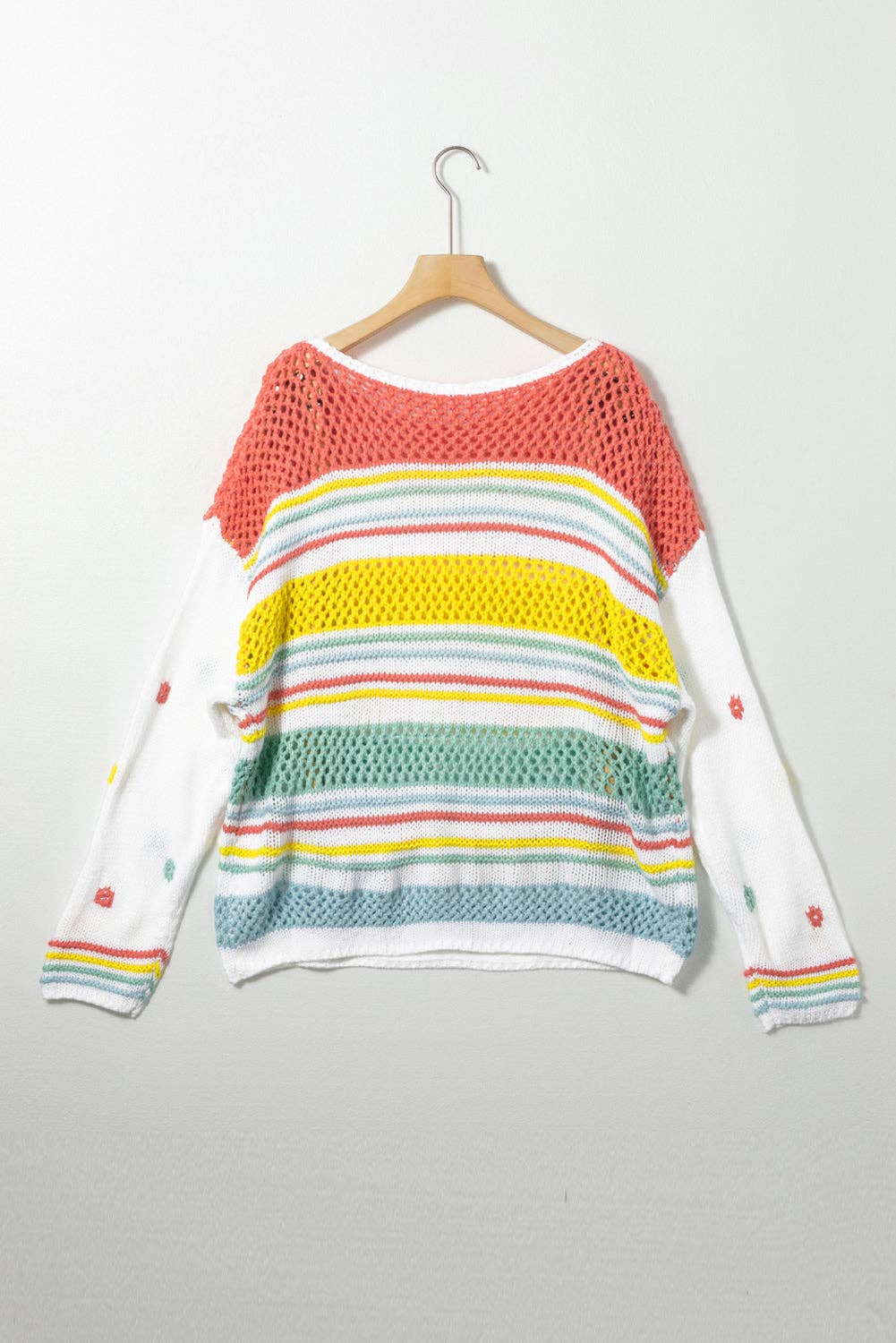 “Multicolor hollow-striped knit sweater with contrast sleeves”
“Lightweight drop-shoulder striped pullover with bright sleeves”
“Layered hollow-knit sweater featuring bold multicolor stripes – B7 Boutique”