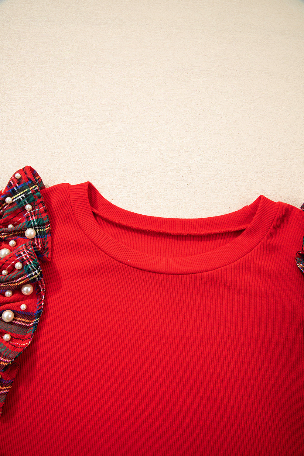 Red Plaid Ruffle Sleeve Top with Pearl Embellishments – Festive Statement Tee