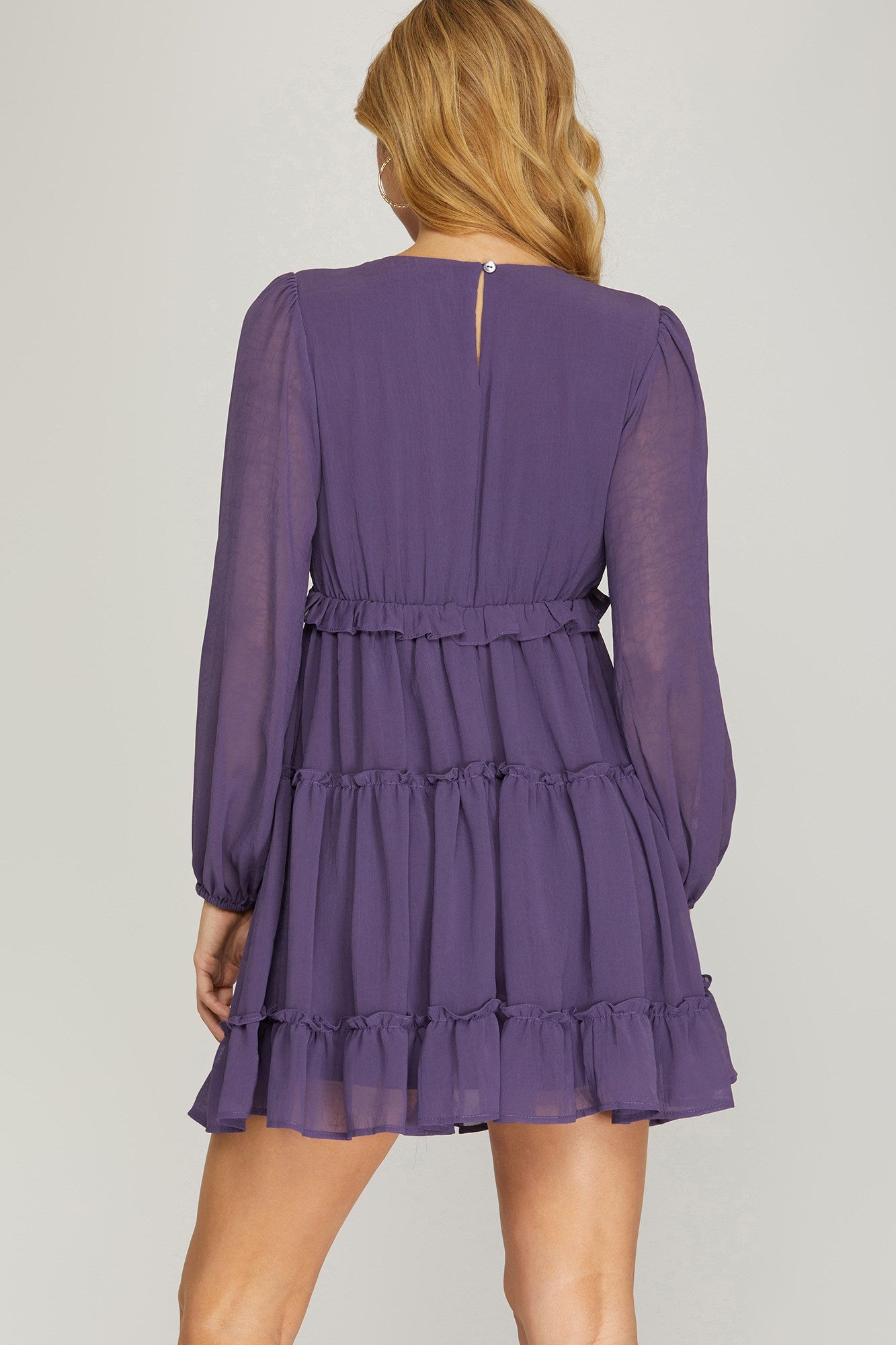 Long‑Sleeve Crinkled Chiffon Tiered Dress by She + Sky | Boho Ruffle Maxi Dress