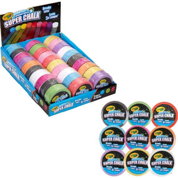 “Crayola Super Chalk 30-count puck display in assorted bright colors”
“Geometric outdoor chalk pucks by Crayola for sidewalk art”
“Durable washable sidewalk chalk pucks for outdoor creativity”