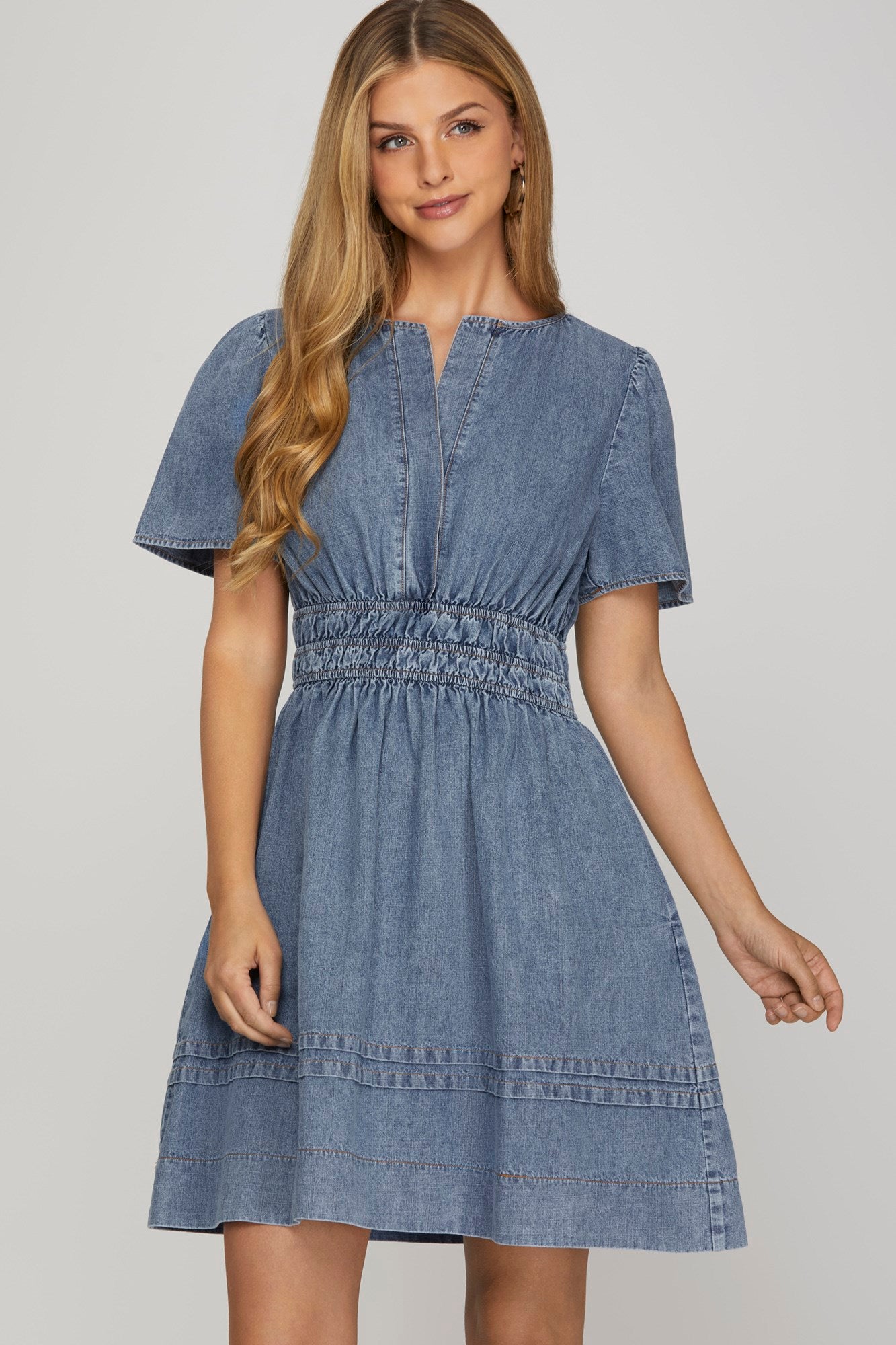 Plus- SHORT SLEEVE WASHED DENIM DRESS By SHEANDSKY
