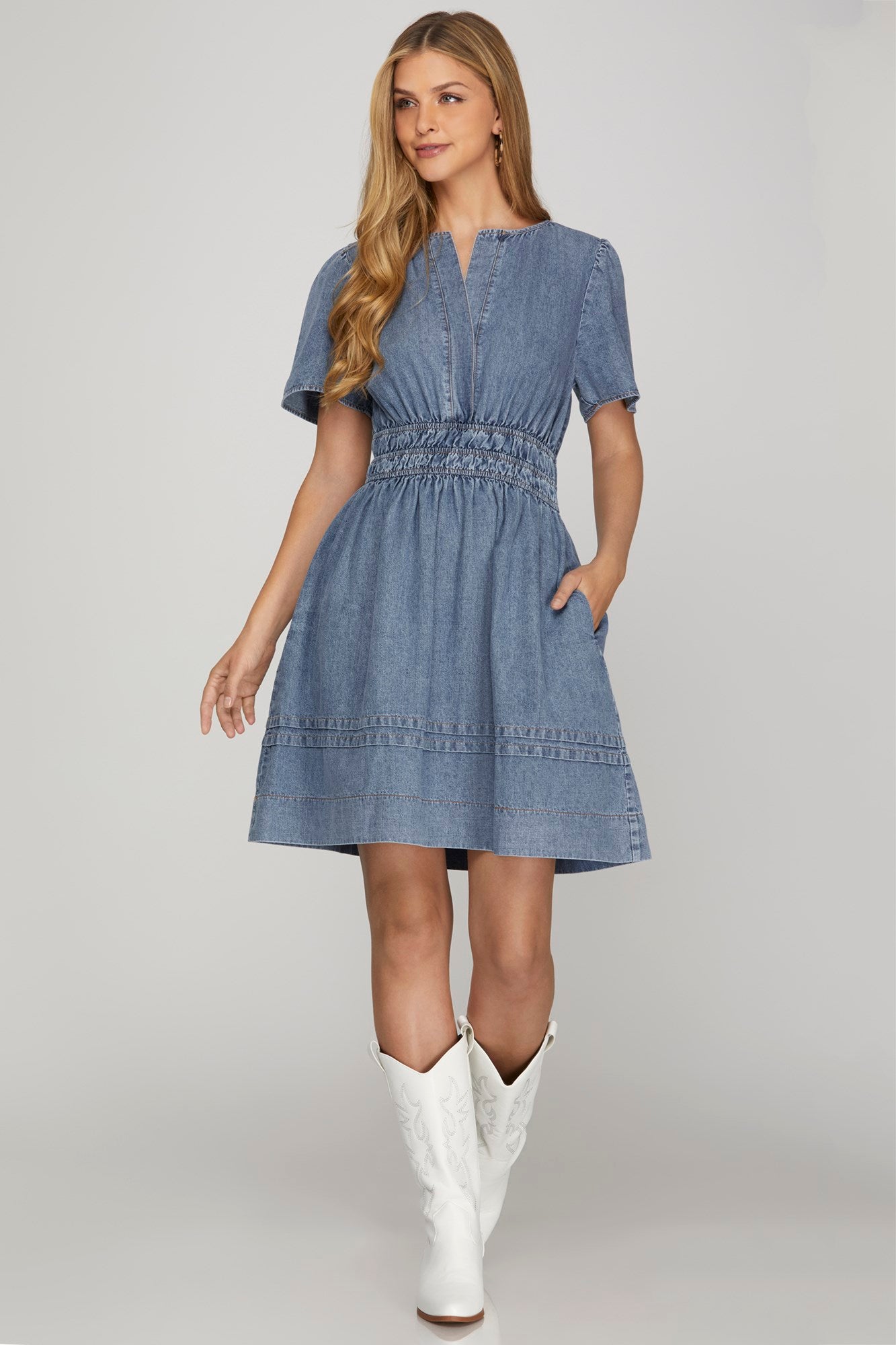 Plus- SHORT SLEEVE WASHED DENIM DRESS By SHEANDSKY