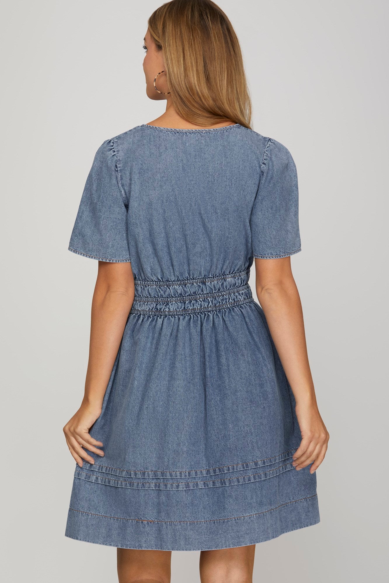Plus- SHORT SLEEVE WASHED DENIM DRESS By SHEANDSKY