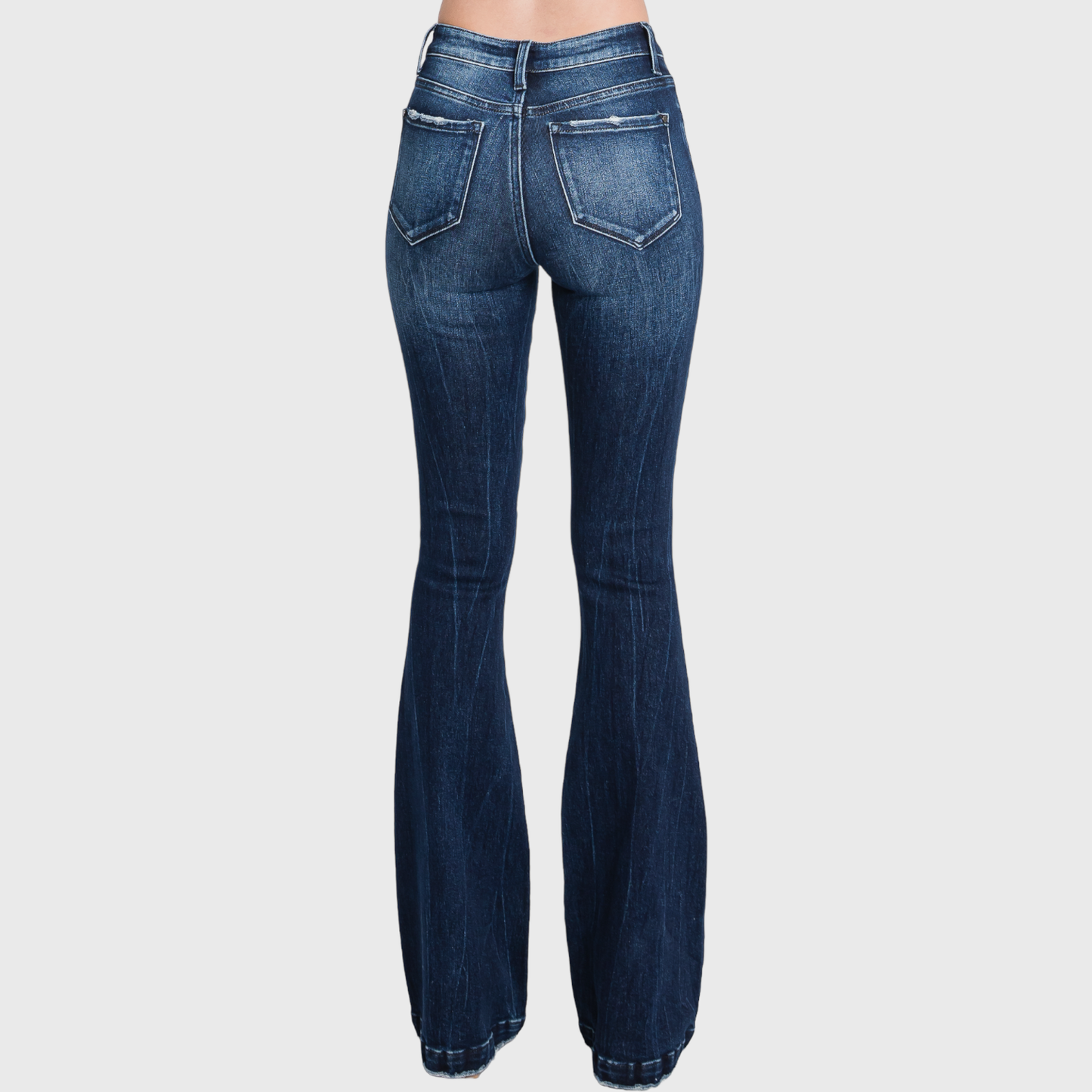 Petra Mid Rise Flare Jeans | Distressed Stretch Trouser Hem Denim