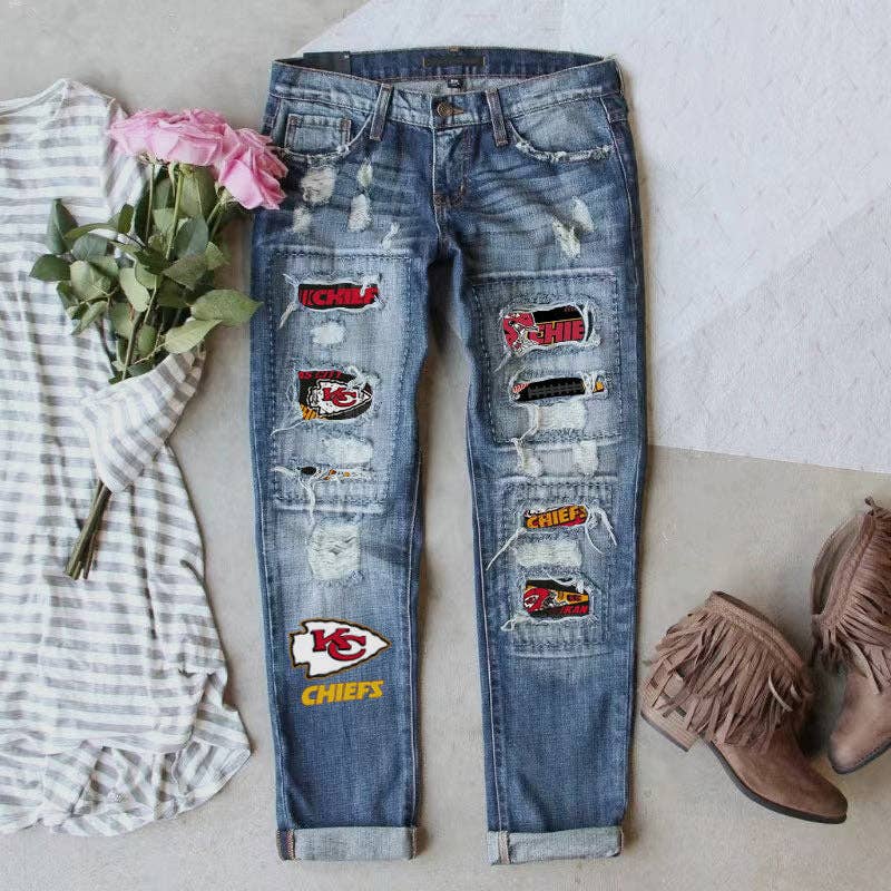 KC Women's Mid-waist Straight Ripped Printed Jeans