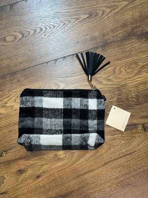 Black & White Plaid Wristlet Pouch – Tassel Zipper Canvas Accessory
