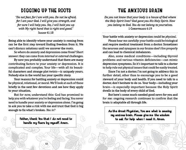 “Devotions & Prayers for Managing Anxiety & Depression (Teen Girl) book cover”
“Interior sample page of devotional with prayer and scripture excerpt”
“Side view of devotional book, 192 pages”