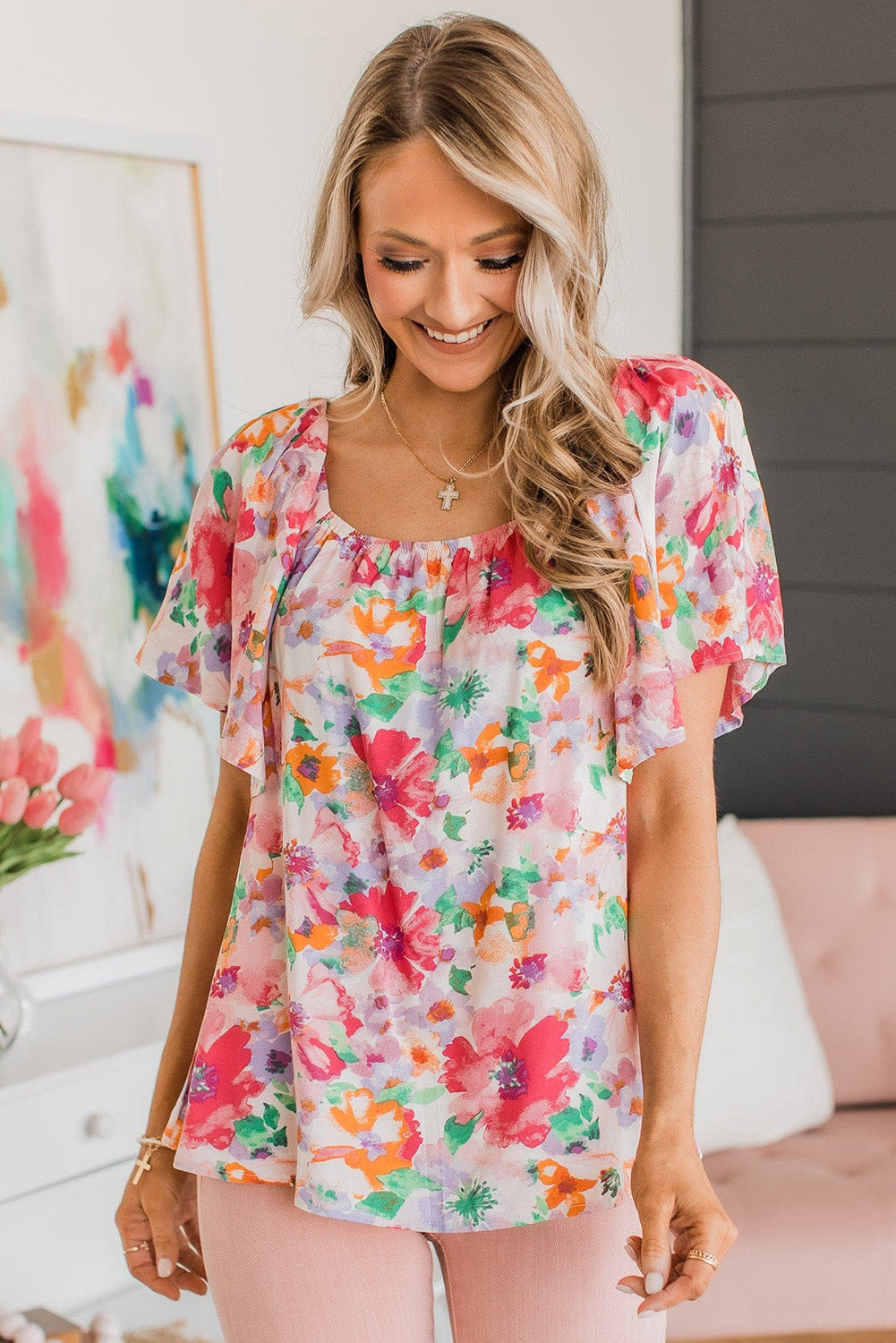“Multicolor watercolor floral blouse with square neckline and ruffle sleeves”
“Light floral pastel top with flutter sleeves”
“Women's watercolor floral square neck blouse”