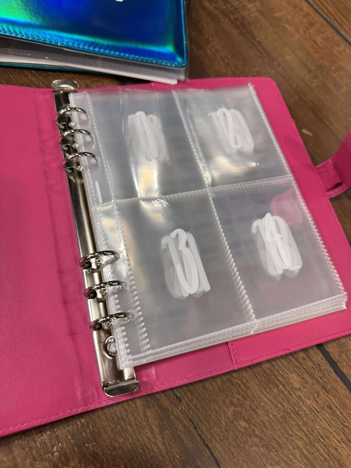 Pink organizer with clear sleeves holding small items on a wooden surface