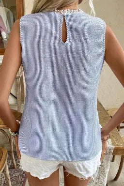 Sky Blue Stripe Lace Patchwork Crew Neck Tank Top – Breezy & Feminine Delight