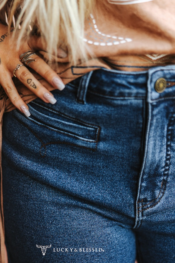 Lucky & Blessed Dark Wash High Rise Wide Leg Jeans β Front Pocket Detail, 32β Inseam JE383