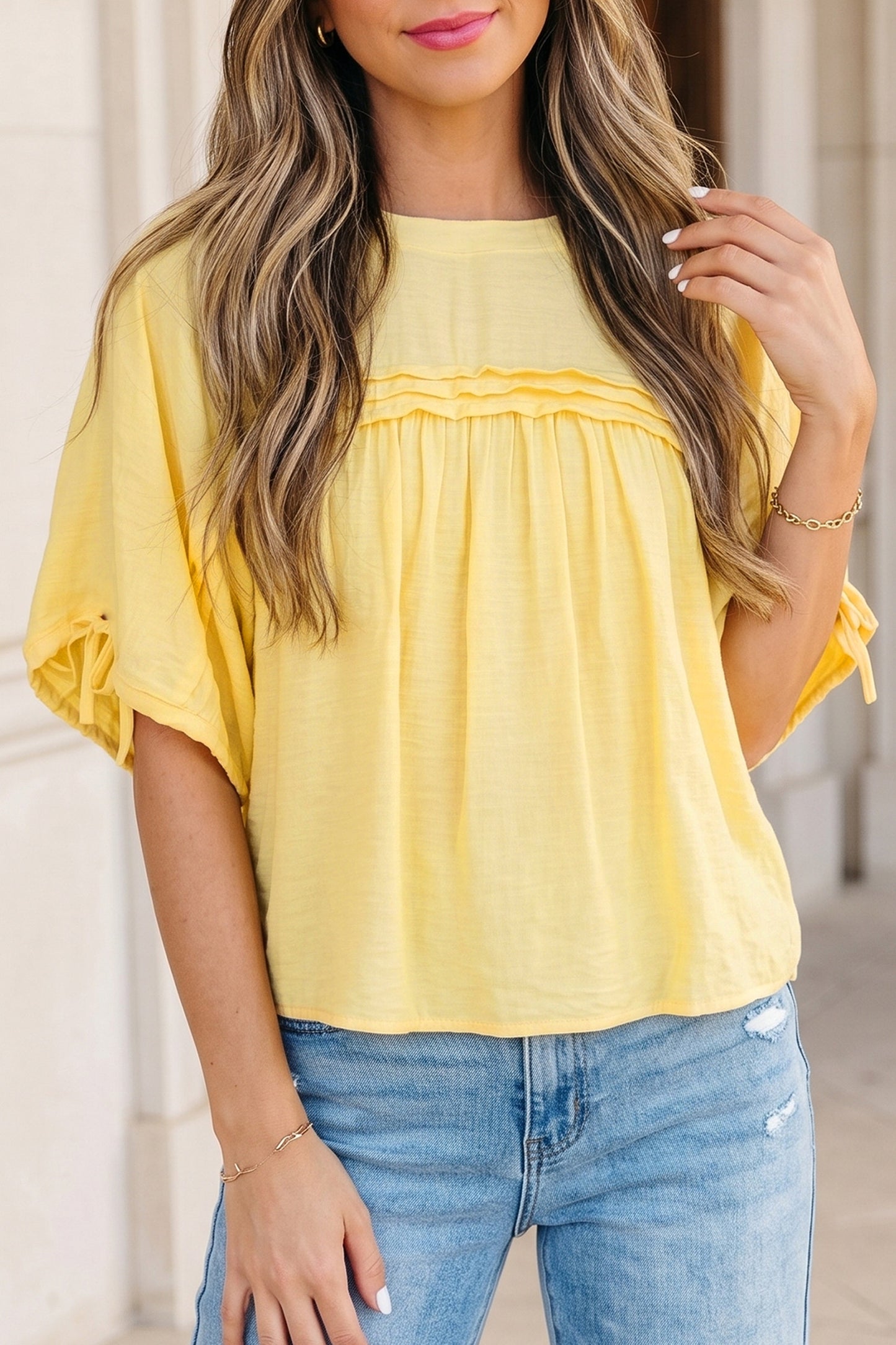 Lemon Drop Babydoll Blouse | Yellow Pleated Tie Sleeve Top
