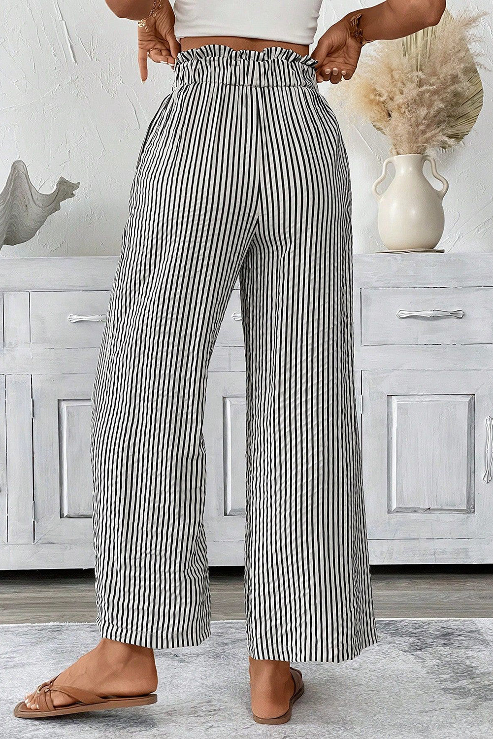 Midnight Stripe Tie-Waist Straight Pants