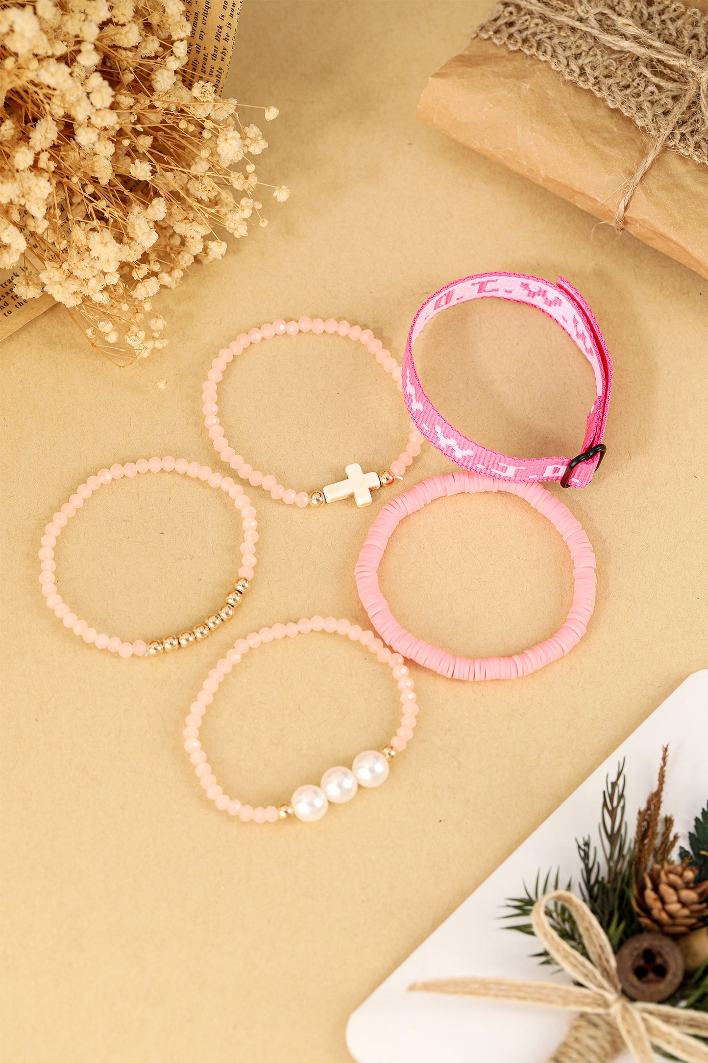 Pink WWJD Bracelet Set – Faith Beaded Stack with Cross & Pearl Details (5pc Set)
