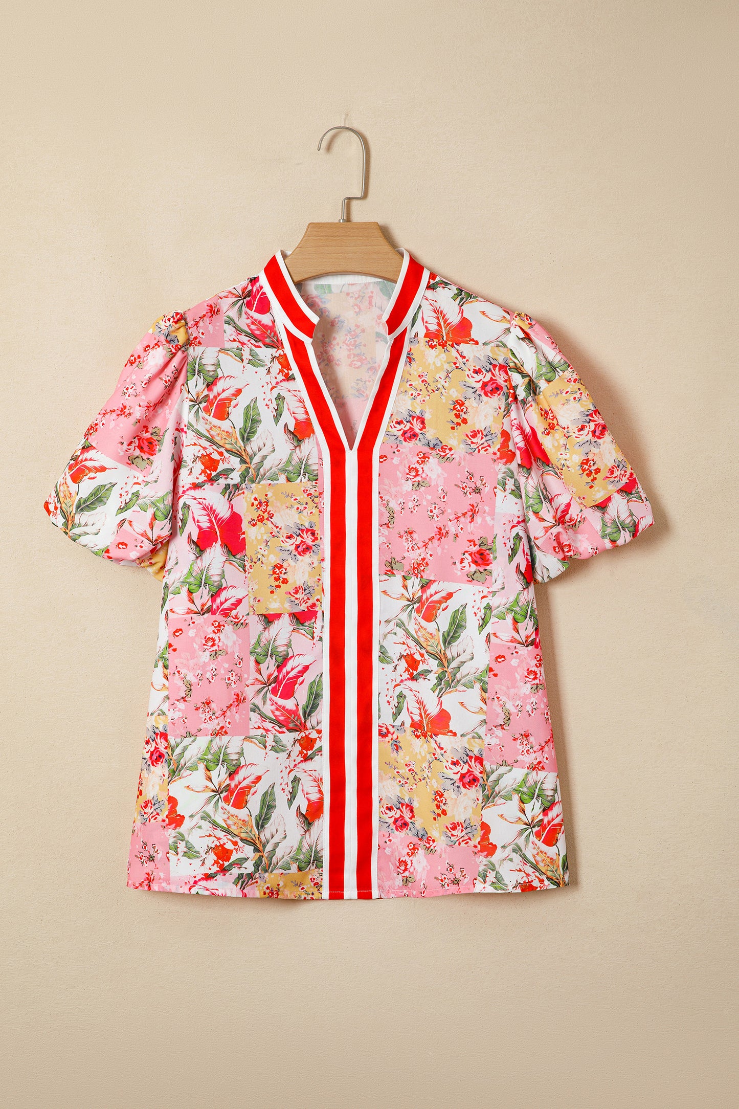 Pink Floral Contrast Trim V-Neck Blouse | Puff Sleeve Boutique Top