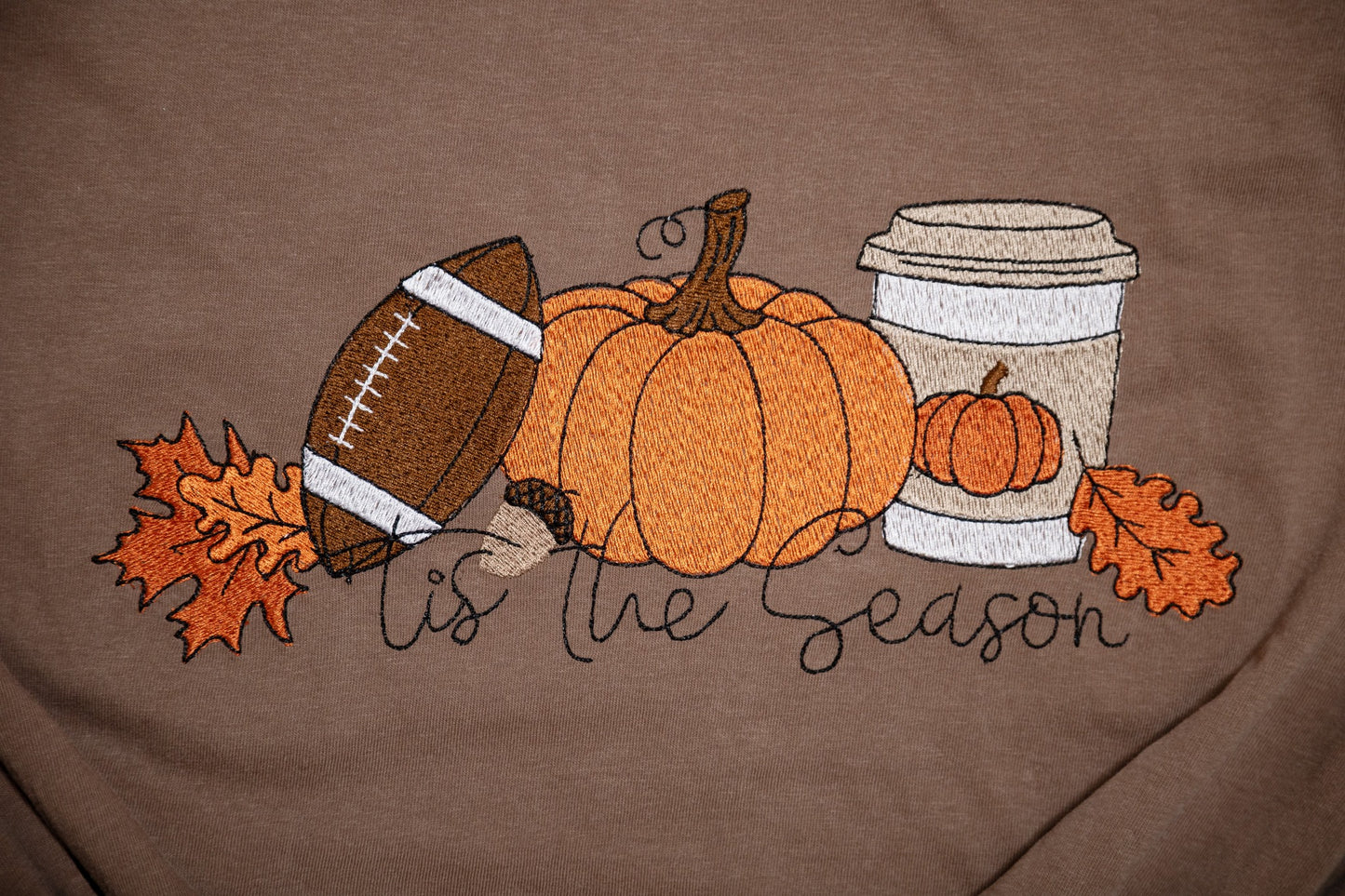 ’Tis the Season Fall Embroidered Tee – Pumpkin, Football & Coffee Autumn T-Shirt