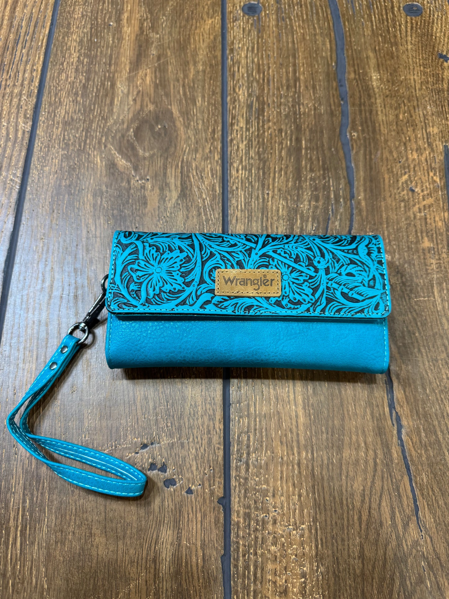 Wrangler Western Floral Tooled Tri‑Fold RFID Wallet/Wristlet – Compact & Chic