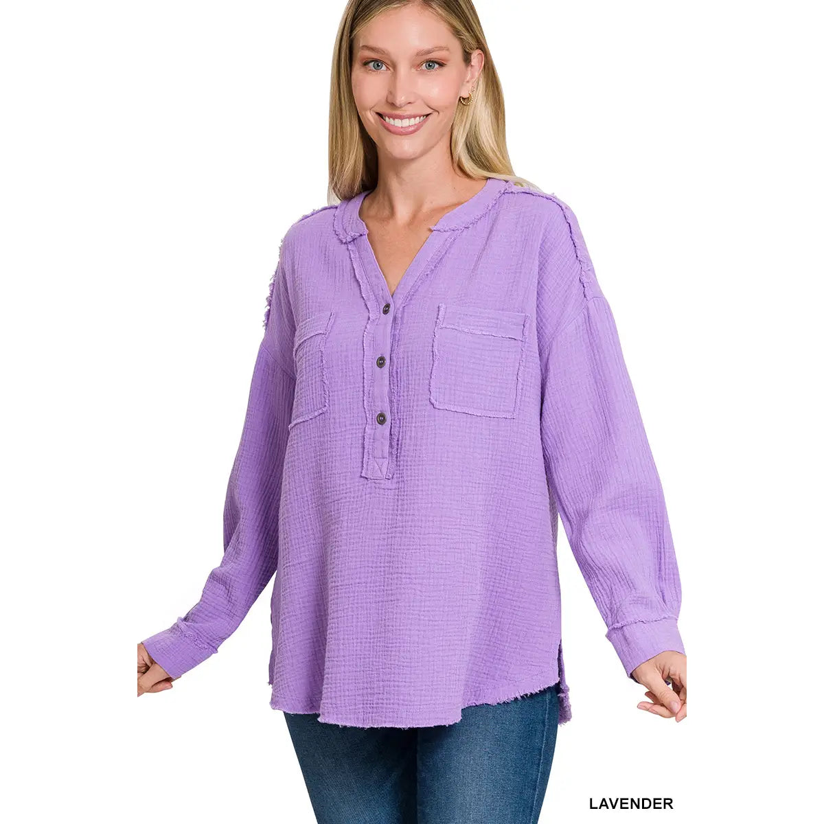 Double gauze henley shirt front view with 3/4 button neckline
Close-up of washed gauze cotton texture and buttons
Detail of hem and silhouette of relaxed Zenana henley shirt
