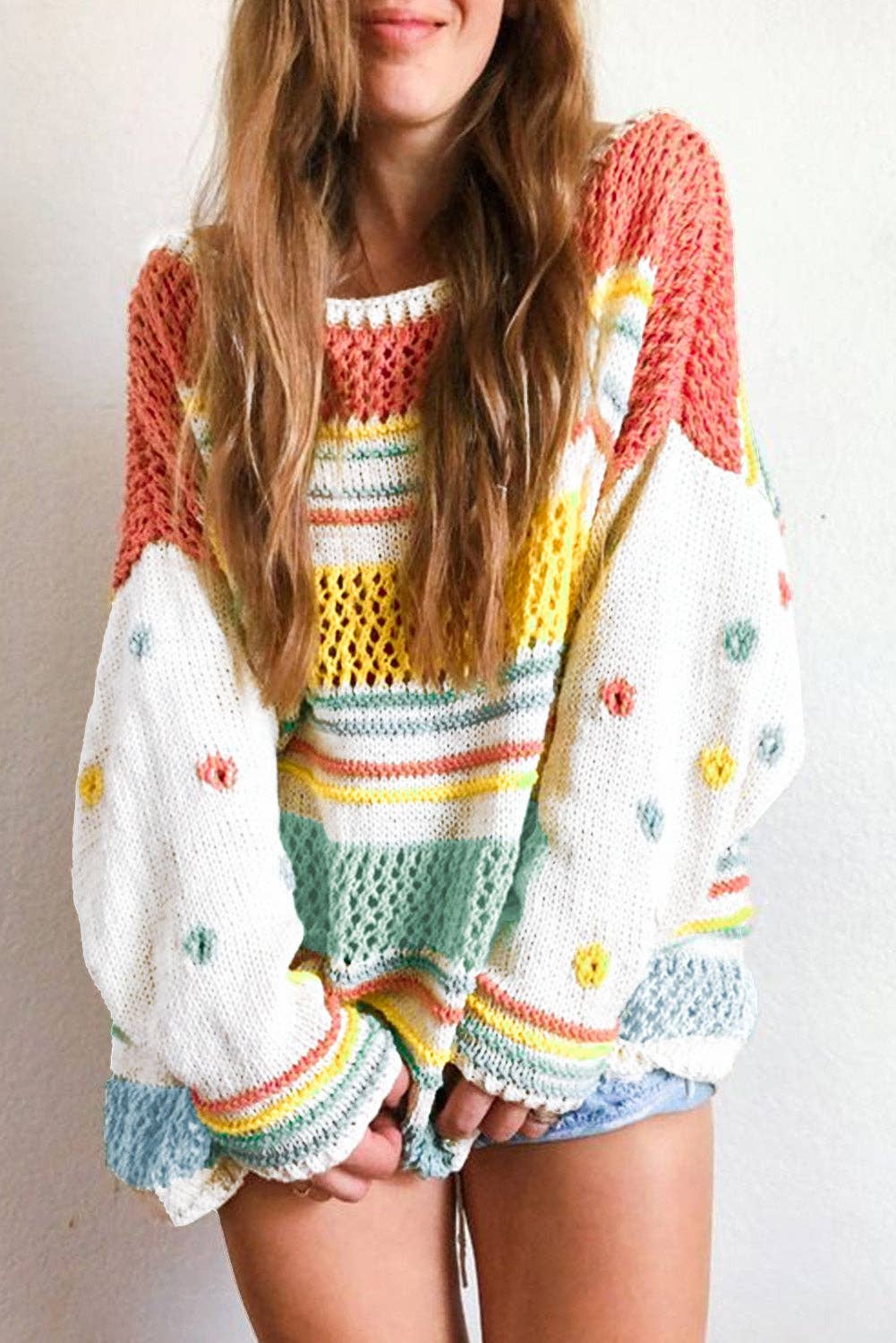 “Multicolor hollow-striped knit sweater with contrast sleeves”
“Lightweight drop-shoulder striped pullover with bright sleeves”
“Layered hollow-knit sweater featuring bold multicolor stripes – B7 Boutique”