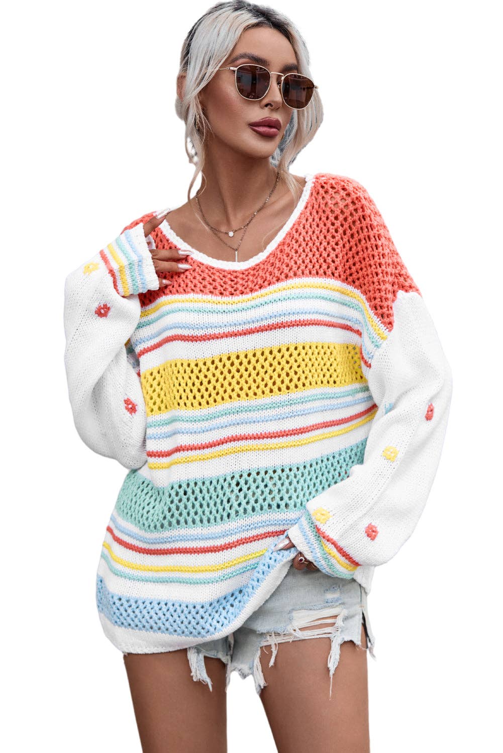 “Multicolor hollow-striped knit sweater with contrast sleeves”
“Lightweight drop-shoulder striped pullover with bright sleeves”
“Layered hollow-knit sweater featuring bold multicolor stripes – B7 Boutique”
