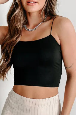“Black skinny fit cropped tank top with spaghetti straps”
“Minimalist black spaghetti strap crop top”
“Slim fit basic crop tank for layering and summer outfits”