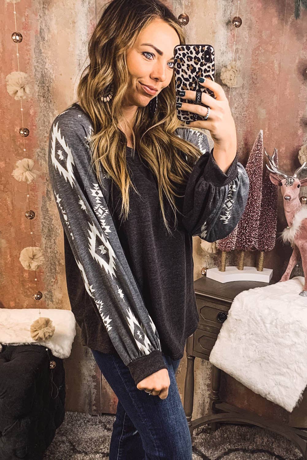 Western Print Patch Long Sleeve Top