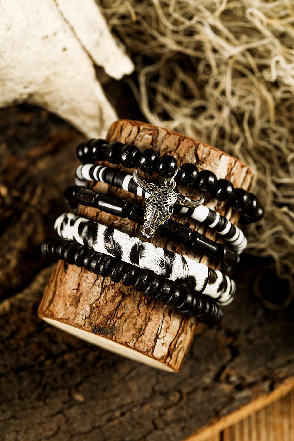 Western Skull Bracelet Set – Black Timber Bead Stack with Longhorn Charm (5pc Set)