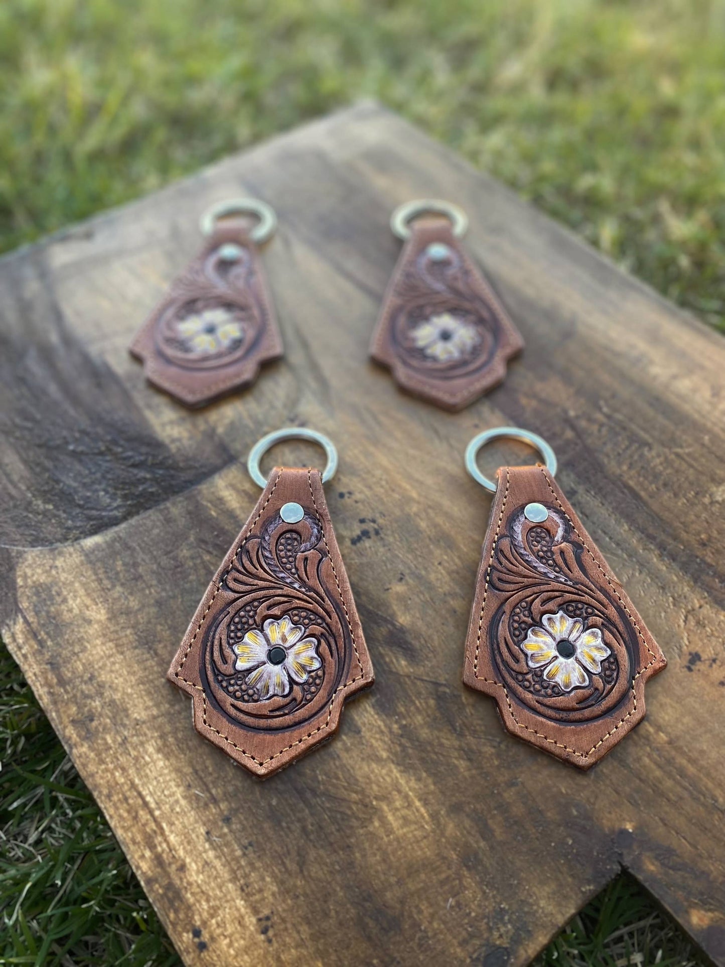 Floral Leather Keychain | Embossed Flower Charm Key Ring Accessory