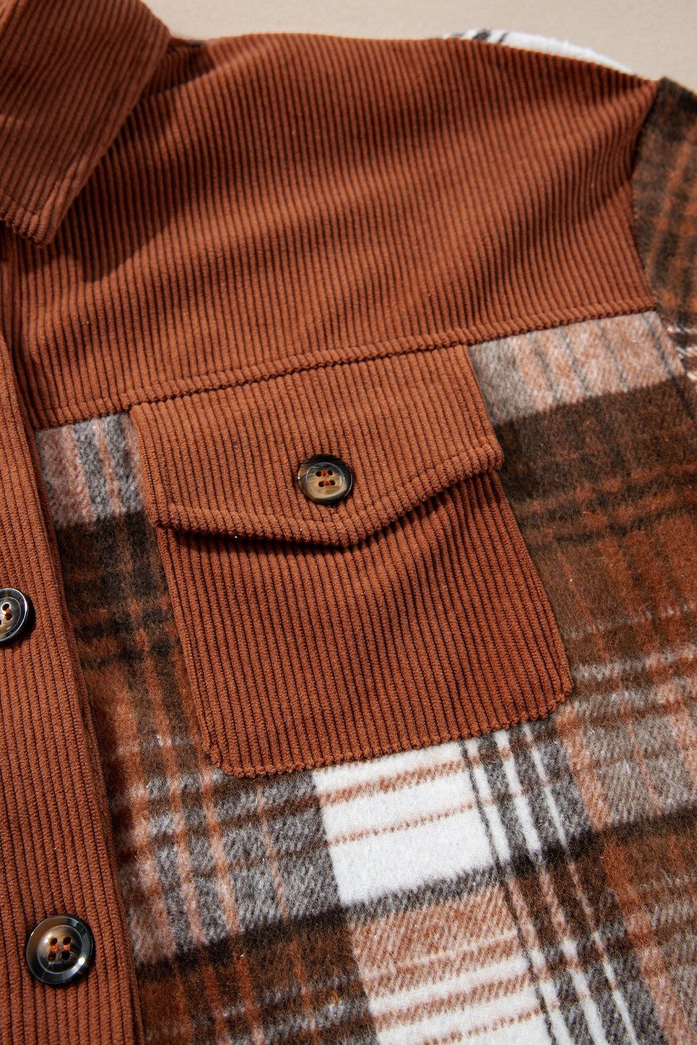 Plaid Corduroy Patchwork Shacket with Chest Pocket – Trendy Oversized Fall Jacket