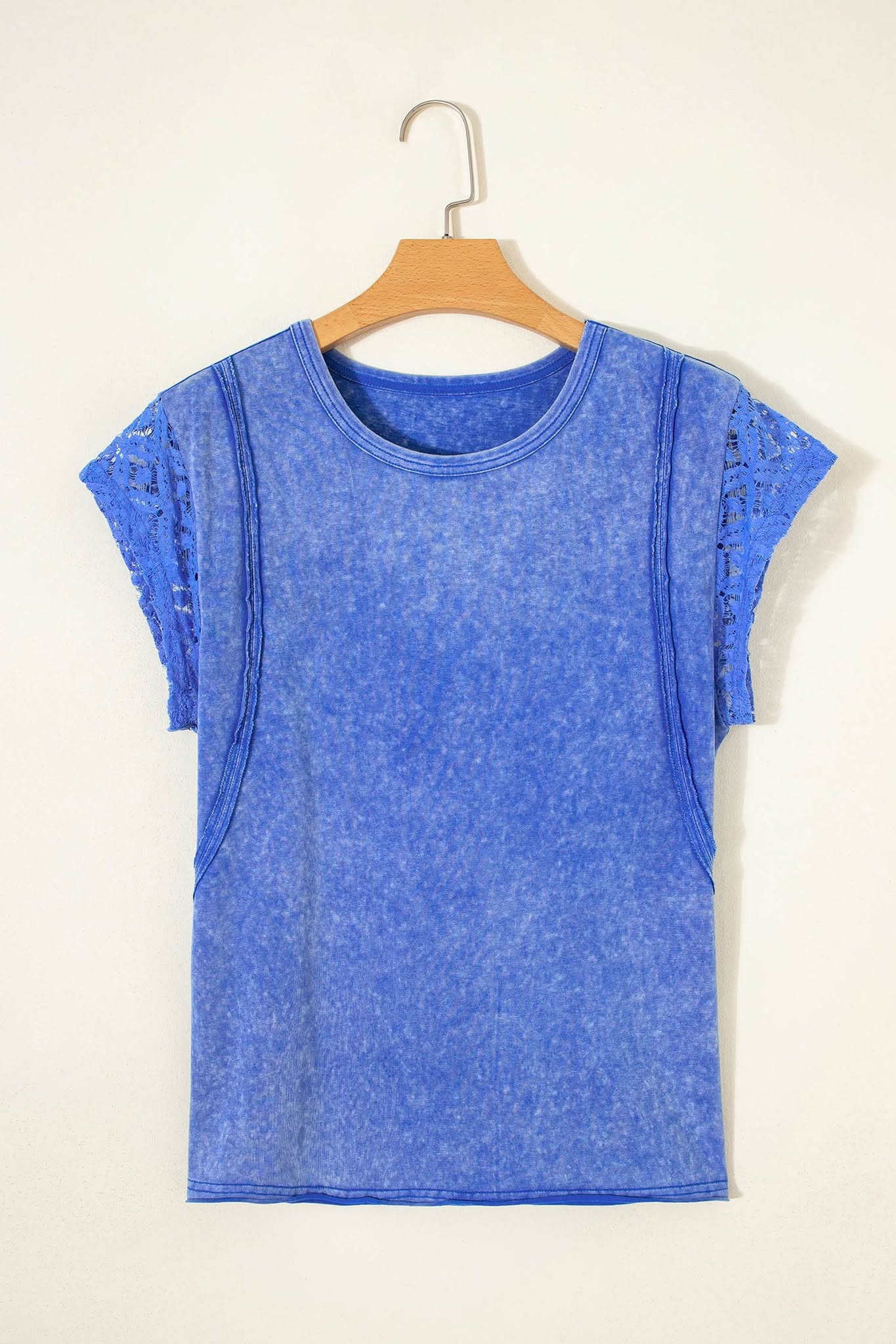 Blue Mineral Washed Lace Sleeve Top | Crochet Sleeve Boutique Tee