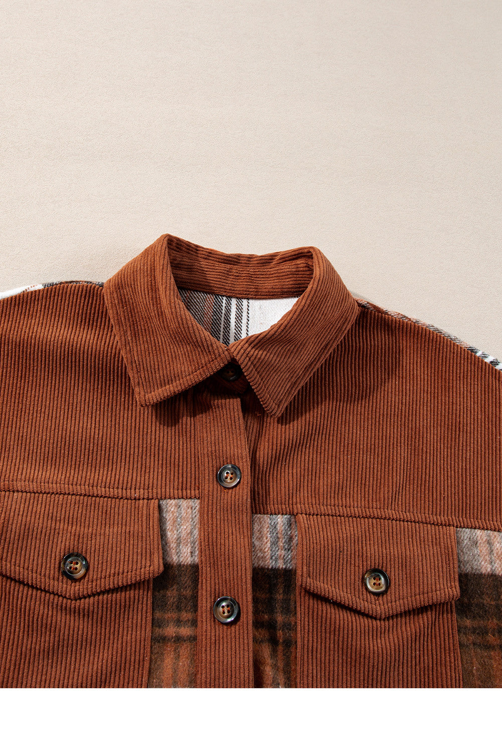 Plaid Corduroy Patchwork Shacket with Chest Pocket – Trendy Oversized Fall Jacket