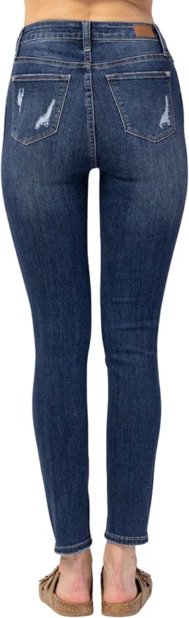 Front view: dark wash Judy Blue skinny jeans with button fly and cuffed hems
Close-up: button fly detail and cuffed hem on stretch denim
Style photo: paired with boots or sneakers showing skinny fit