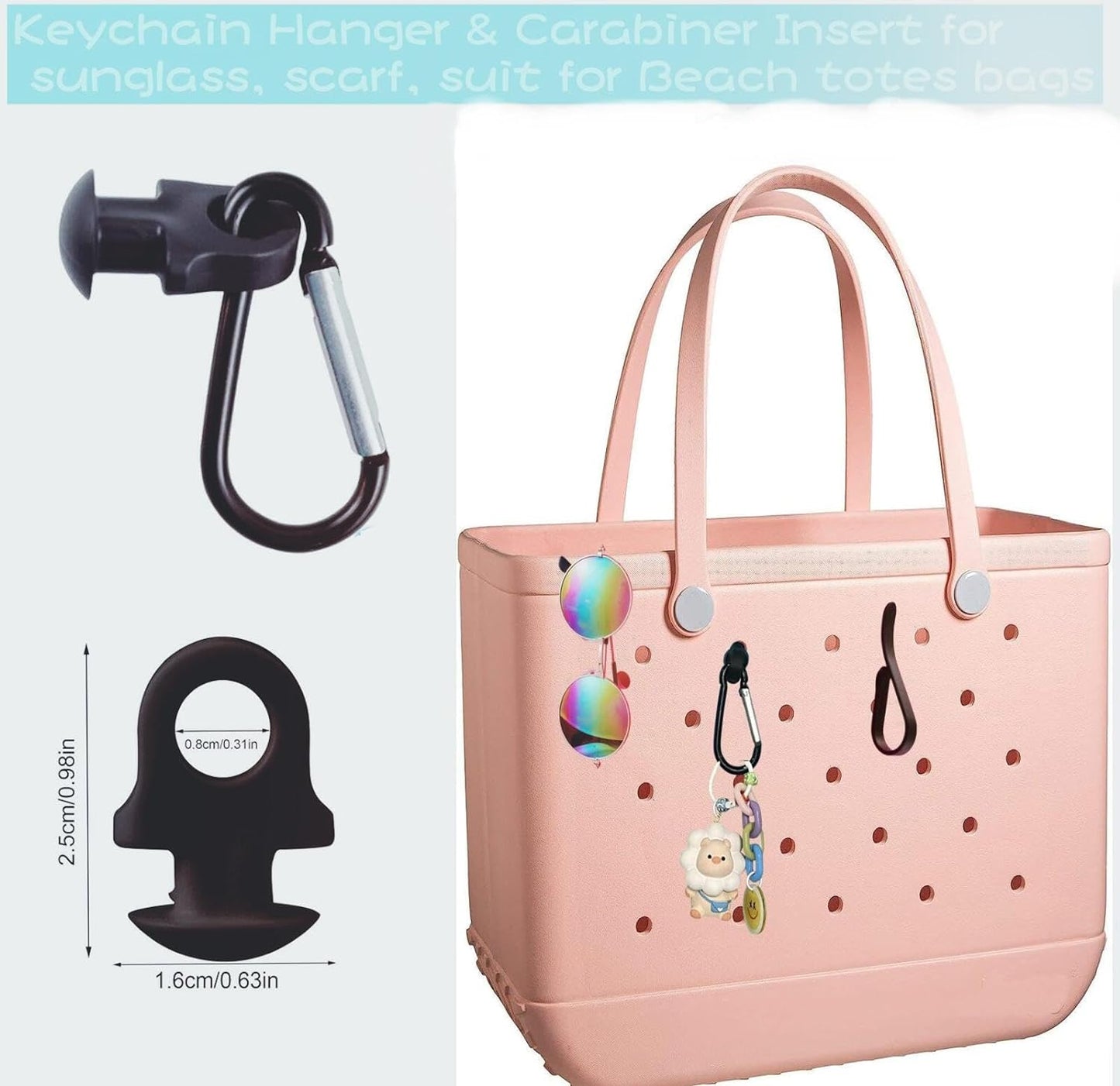 A set of black keychain hangers designed to be attached to a bag, displayed alongside a pink bag with a dotted pattern.