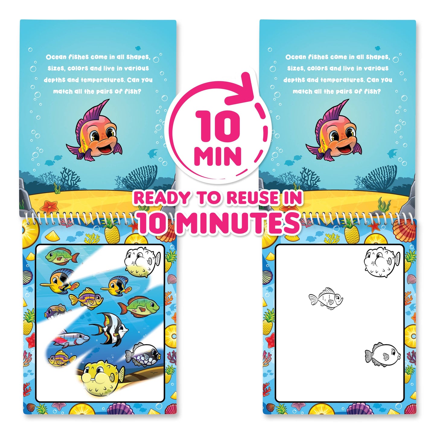 “Water Magic Ocean Friends reusable water art kit with pineapple scent”
“Mess-free ocean scene activity boards for kids”
“Water pen reveals ocean creatures with color on dry erase boards”