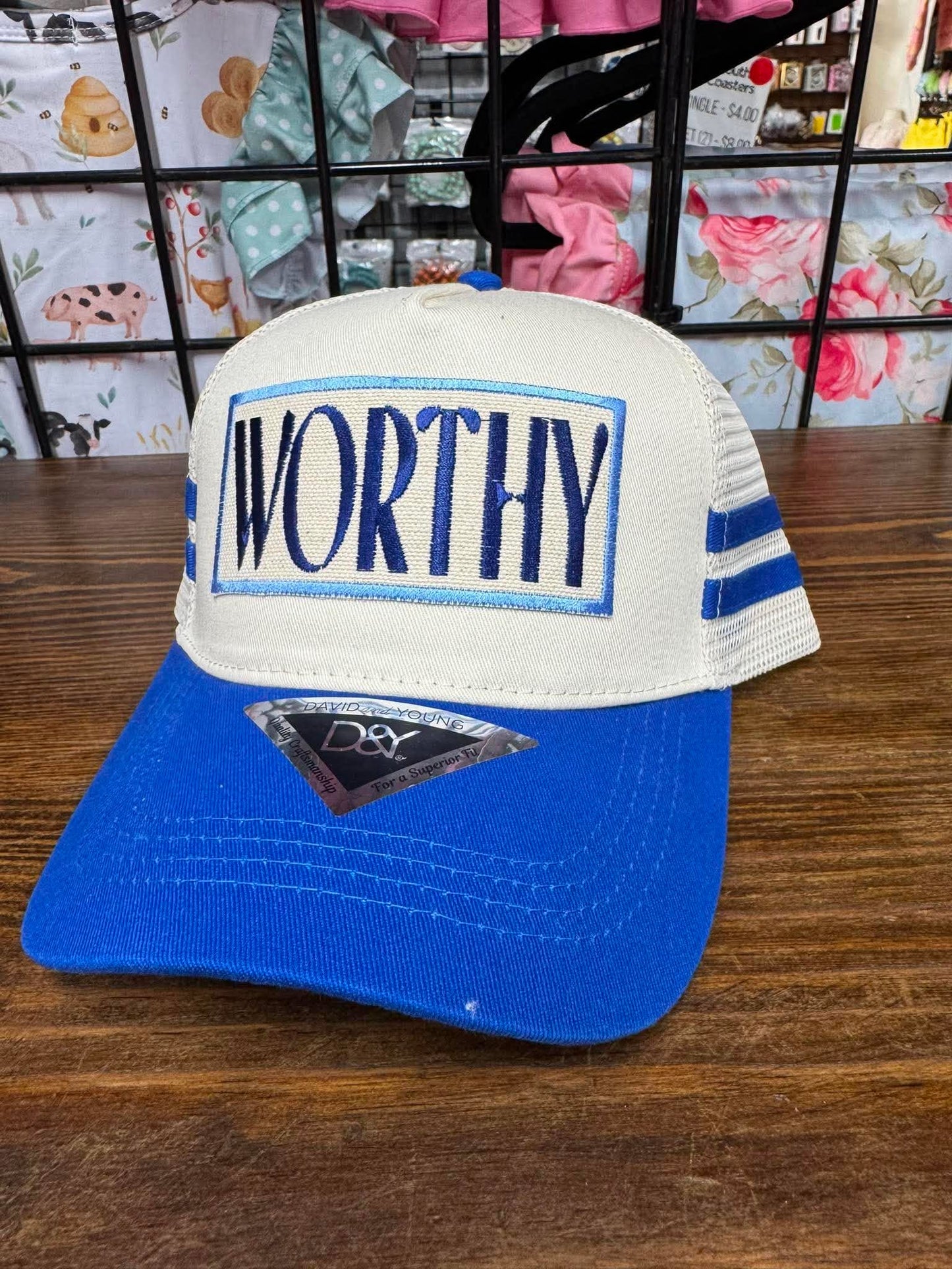 Worthy Embroidered Trucker Hat | Cream & Blue Faith Statement Cap