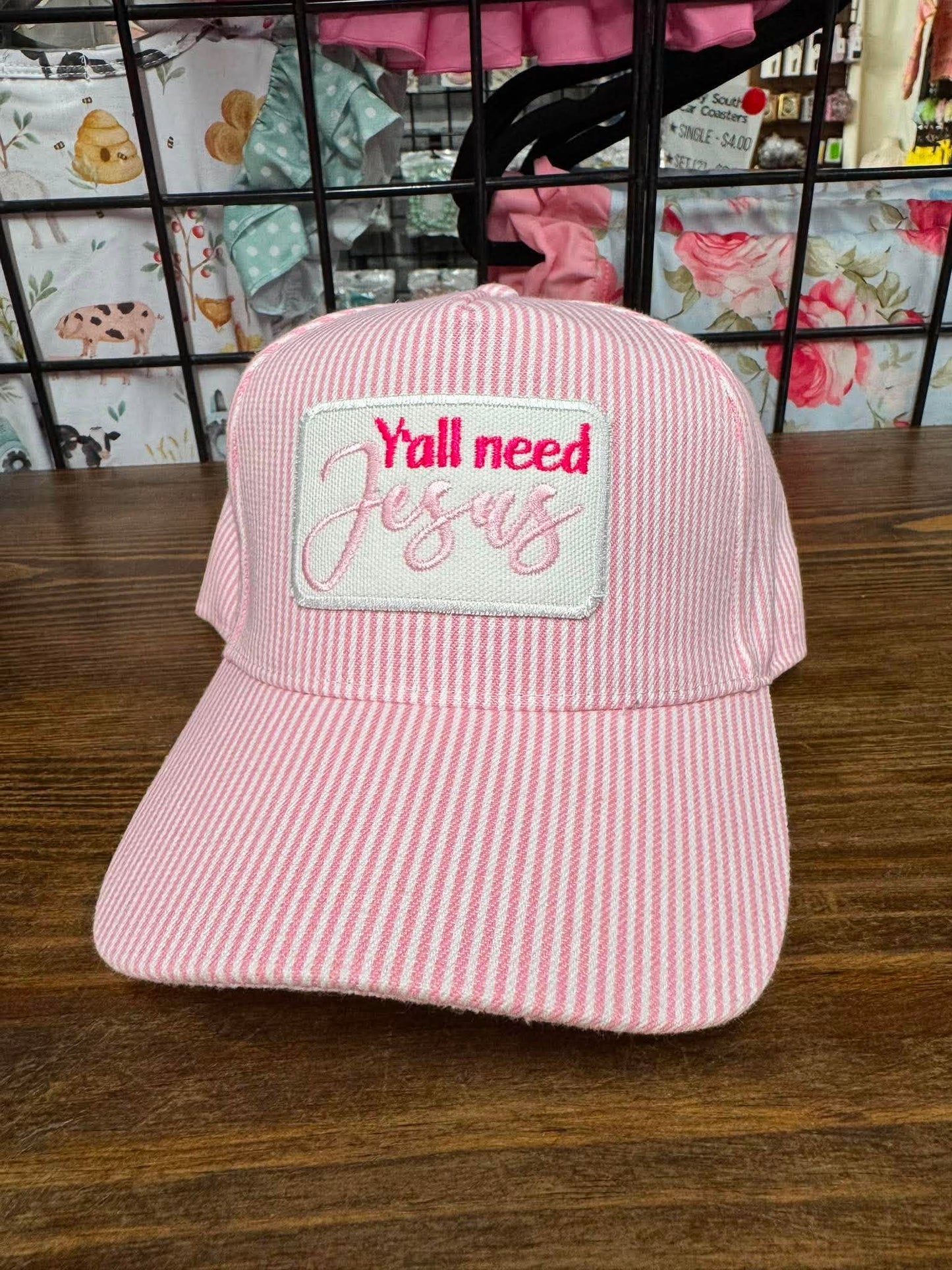 Y’all Need Jesus Embroidered Hat | Pink Stripe Christian Boutique Cap